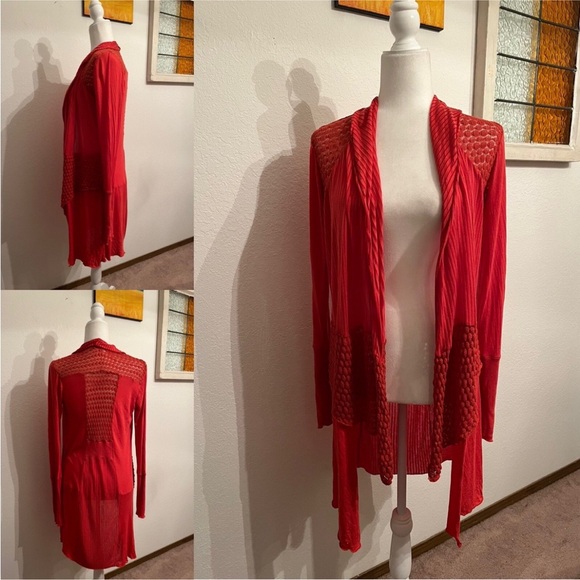 Anthropologie Sweaters - Anthropologie Tiny Open Knit Drape Coral Crochet
Trim Cardigan Sweater SzS VGUC​